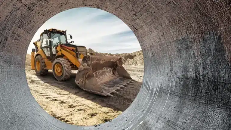 Heavy machinery maneuvers on a construction site, visible through a circular pipe while the sun casts shadows on the rough terrain. Loader, excavator