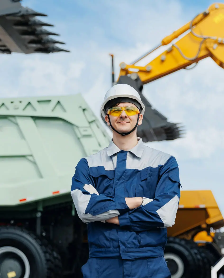 Proud driver man or industry worker on background trucks and excavator. industrial building site Logistics concept.