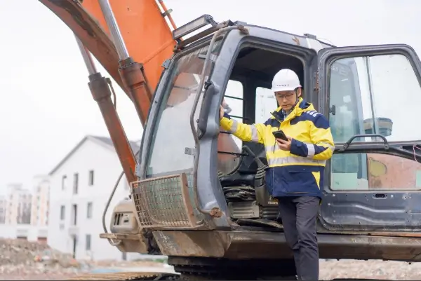 Construction engineer wearing safety helmet inspects and operates excavator on site.