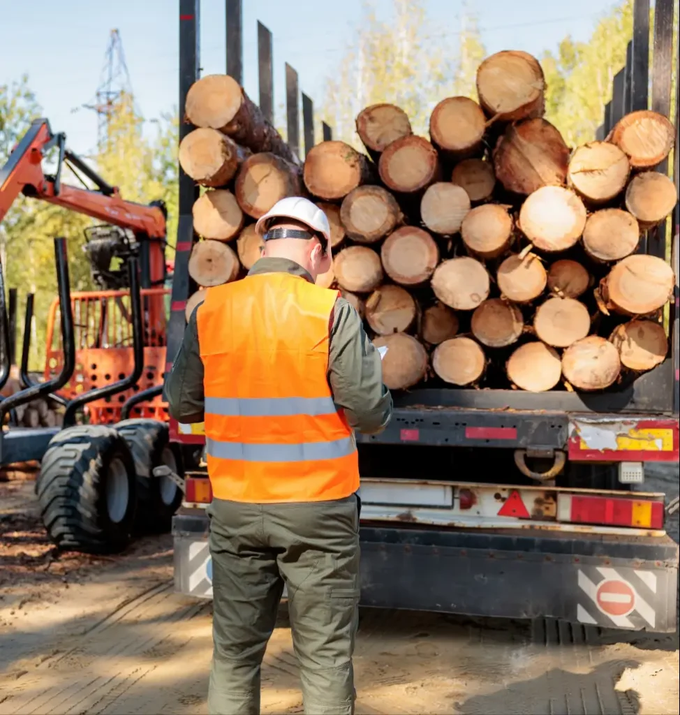 Logging Operations. Worker checks loading of firewood. Transportation of wood.