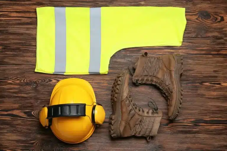 Safety equipment on wooden background.